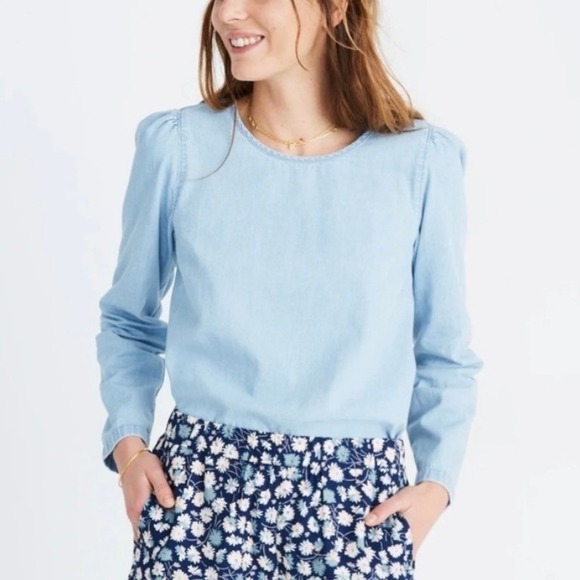 Madewell Tops - NEW Madewell Denim Puff-Sleeve Tie Back Swing Shirt in Hawes Wash Cotton Size XL